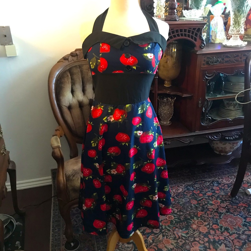 Retro halter dress with strawberry print